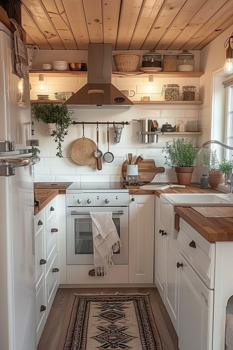 Cottagecore Kitchen Inspiration, Vintage Kitchen Design Cottage, Cozy Tiny Kitchen, Home Decor Ideas Cottage, Small Cottage Renovation Ideas, Tiny Coastal Kitchen, Small Cottage Ideas Interior, Cottage Vibe House, Cottage Feel Kitchen