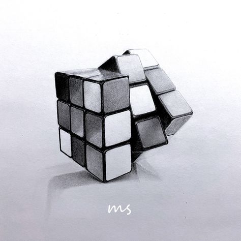 Drawing of Rubik’s Cube 3D Pencil Shading Illustration Objects Pencil Drawing, Still Life Drawing 3 Objects, 3d Shading Drawing, Simple Pencil Shading Drawings, Rubik Cube Drawing, Drawing Ideas With Shading, Pencil Art Drawings 3d, 3d Art Sketch, Shading Pencil Drawings