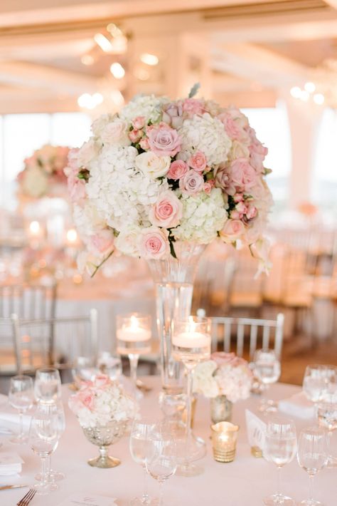 Lush Pink & White Arrangement with Candles Pink Ballroom, Tall Arrangements, White Arrangement, Baby Pink Wedding, Beverly Hills Wedding, White Floral Centerpieces, Pink Flower Arrangements, If The Shoe Fits, Ballroom Reception