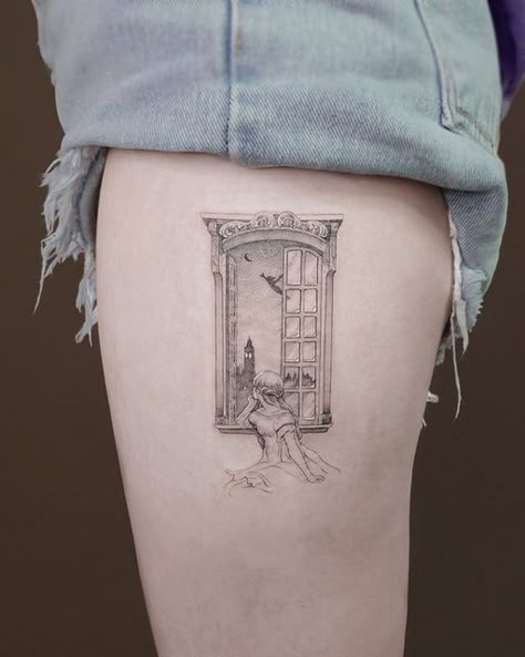 Peter Pan Window, Cottagecore Tattoo, Window Tattoo, Peter Pan Tattoo, Bookish Tattoos, Circle Tattoo, Line Art Tattoos, Book Tattoo, Elegant Tattoos