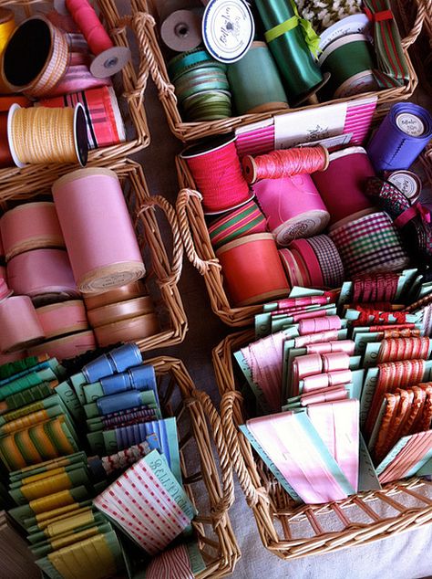 Ribbon at Bell'occhio in San Francisco Spools Of Thread, Ribbon Storage, Product Presentation, My Sewing Room, Vintage Ribbon, Sewing Rooms, Ribbon Work, Craft Storage, Ribbon Trim