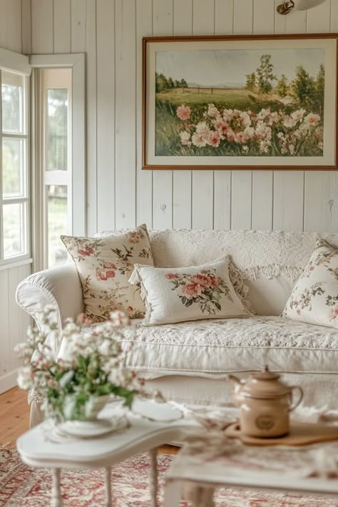 "Transform your home with the whimsical appeal of Cottagecore Decor! 🌸🏡 Ideal for adding vintage, nature-inspired elements to your interiors. 🌿✨ #CottageStyle #HomeDecor #RusticInspo" Shabby Chic Apartment Living Room, Cottage Floral Arrangements, Pink Cottage Core Living Room, Girly Farmhouse Living Room, Pink Cottagecore Living Room, Grandma Core Aesthetic Living Room, Grandma Cottage Core Living Room, Grandmacore Living Room, Grandma Core Living Room