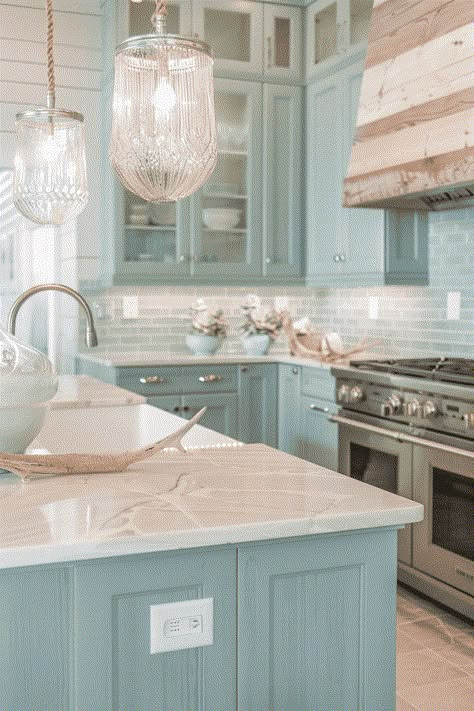 light blue beach kitchen Beachy Kitchens, Coastal Kitchen Ideas, Aqua Kitchen, Light Blue Kitchens, Coastal Kitchen Design, Vacation Villa, Cabinets Makeover, Beach Kitchen, Beach House Kitchens