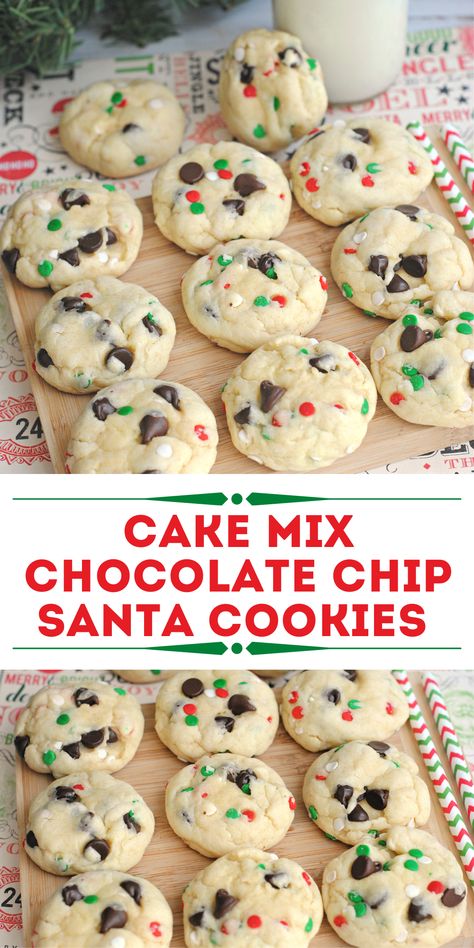 Christmas Funfetti Cake Mix Cookies, Lazy Christmas Dinner, Cookies Using Chocolate Chips, Dessert Gift Ideas, Chrismast Dessert, Quick Christmas Treats, Santa Cookie Recipe, Cake Cookies Recipe, Cookies And Candy