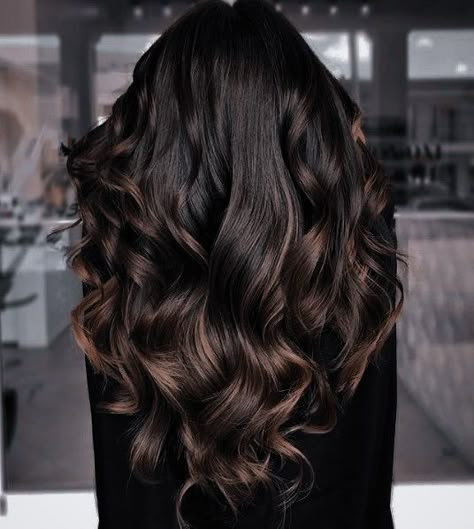 Black Chocolate Balayage, Dark Baylage Hair Black, Balayage For Dark Brown Hair Natural, Balayage On Long Black Hair, Long Hair Balayage Black, Black Hair Highlights And Lowlights, Coffee Brown Highlights On Dark Hair, Dark Rich Chocolate Brown Hair Color, Dark Brown Hair With Baylage