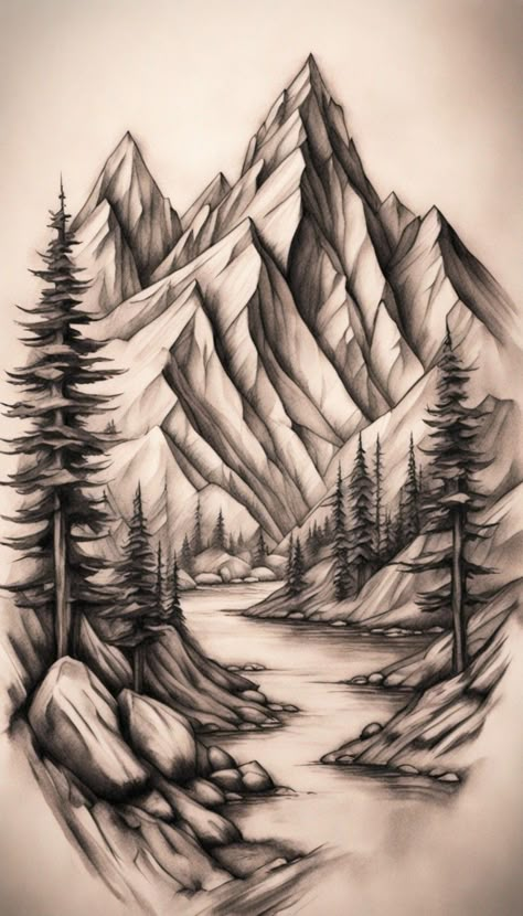 Mountain And Trees Drawing, Mountain Background Tattoo, Mountain Trees Drawing, Mountain And Stream Tattoo, Black And Grey Mountain Tattoo, Mountain Scene Tattoo Design, Realism Mountain Tattoo, Mountain And Trees Tattoo Design, Mountain Tattoo Stencil