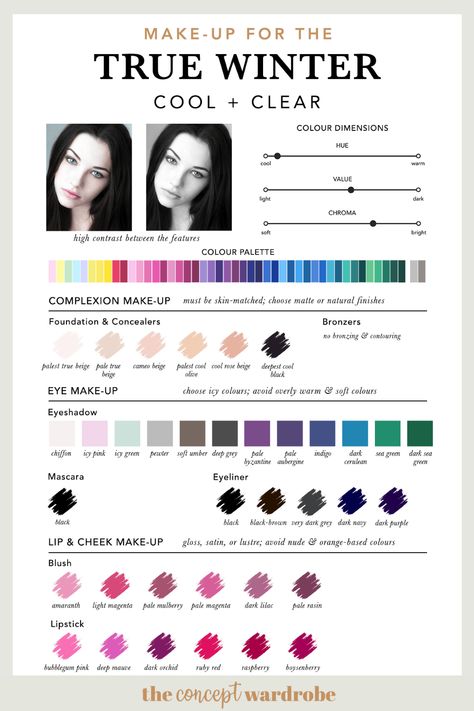 The True Winter Make-up Palette | the concept wardrobe Make Up For Winter Type, Cool Clear Color Palette, Colour Analysis Cool Winter, Winter Colour Analysis Palette, Make Up For Cool Winter, Hair Colors For True Winter, True Winter Color Palette Analysis, Winter Season Colour Palette, Makeup Looks For Cool Skin Tones