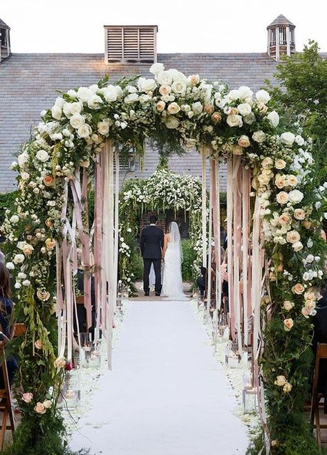 Ribbon Wedding Ceremony Ideas / http://www.himisspuff.com/ribbon-wedding-ideas/4/ Secular Wedding Ceremony, Entry Wedding, Flower Gate, Secular Wedding, Ceremony Flowers Aisle, Arch Entrance, Arches Wedding, Colin Cowie Wedding, Garden Weddings Ceremony