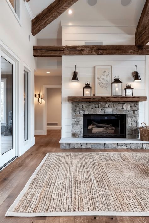 15 Stylish Shiplap Fireplace Ideas to Transform Your Living Space – Everyday Inspo Gas Fireplace With Shiplap Wall, Fireplace Stone On Bottom Wood On Top, Stone Fireplace And Shiplap Walls, Doors On Each Side Of Fireplace, Sunrooms With Fireplace, Brick Fireplace Shiplap Wall, Fireplace In Dining Room Ideas Farmhouse, Stone And Shiplap Wall, Farm Style Fireplace