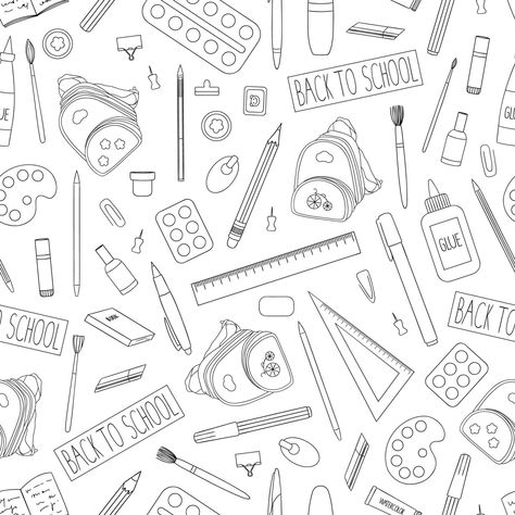 Vector seamless pattern of black and white stationery, office or school supplies. Back to school repeat background with isolated monochrome backpack, pen, pencil, ruler, glue, paint, brush, book Beige Colour Background, Black And White Stationery, Stamp Book, Eraser Stamp, Binder Paper, Glue Painting, School Materials, Accounting Logo, School Logo