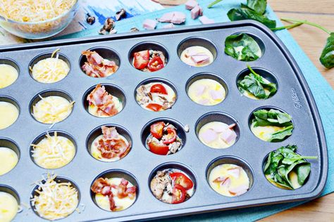 Make a variety of mini egg muffin breakfast bites for a great family breakfast and start to the day with protein and veggies. Low Carb Mini Muffin Tin Recipes, Mini Muffin Tin Egg Bites, Mini Egg Fritata Recipe, Egg Mini Muffins Breakfast, Mini Muffin Pan Egg Bites, Mini Muffin Breakfast Recipes, Mini Egg White Bites, Mini Egg Bites Muffin Tins, Mini Omelet Muffins Breakfast Bites