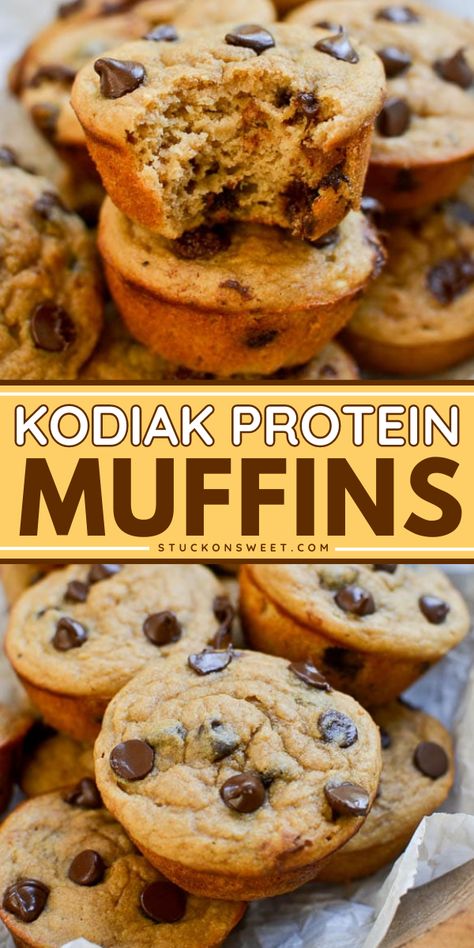 Kodiak Protein Muffins are simple, delicious, and packed full of healthy ingredients including Kodiak Power Cakes Flapjack & Waffle Mix, bananas, coconut oil and coconut sugar. Each muffin is packed with protein, typically around 10-12 grams, making it ideal for those seeking a filling snack or breakfast on the go! Weight Watcher Muffins With Kodiak, Kids Protein Breakfast Ideas, Macro Friendly Sweet Breakfast, Oatmeal Protein Muffins Healthy, Protein Pancake Muffins Recipe, Kodiak Mini Muffins For Kids, Healthy Pancake Muffins, Kodiak Cakes Pancake Mix Muffins, Protein Muffins With Kodiak Cakes