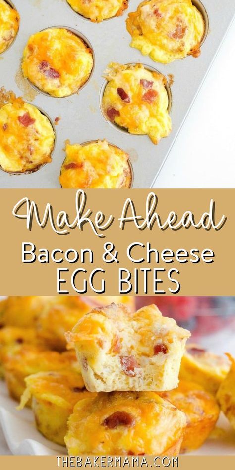 Make Ahead Bacon & Cheese Egg Bites are quick, easy and oh so tasty! Whisk together eggs, salt, milk, cheese, and bacon bits. Fill mini muffin cups, sprinkle with more cheese, and bake until golden. Allow to set before serving. Easy, delicious make-ahead bacon and cheese egg bites for a fuss-free breakfast. Make Ahead Bacon, Cheese Egg Bites, Easy Egg Breakfast, Egg Cups Breakfast, Mini Breakfast, Egg Bites Recipe, Cheese Breakfast, Bacon And Cheese, Bacon Egg And Cheese