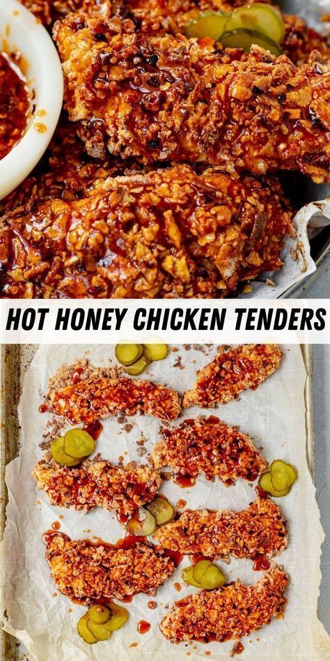 These hot honey chicken tenders are baked to crispy, juicy perfection and covered in a delicious hot honey sauce. These perfect for tailgating chicken fingers pack a powerful (and a little bit spicy) punch of flavor in a short amount of time. These delicious and flavorful chicken fingers are THE finger food you need for Game Day! Hot Honey Chicken Tenders, Honey Chicken Tenders, Hot Honey Sauce, Spicy Chicken Tenders, Spicy Honey Chicken, Crispy Honey Chicken, Baked Stuffed Chicken, Honey Baked Chicken, Hot Honey Chicken