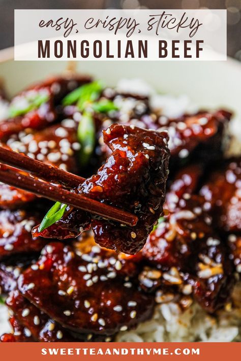 Easy Sticky Crispy Mongolian Beef Mongolian Beef Half Baked Harvest, Asian Beef Sauce Recipes, Mongolian Beef Tacos, Crispy Orange Beef Recipe, Sticky Asian Beef, Air Fryer Mongolian Beef, Asian Recipes With Beef, Easy Chinese Food Recipes Beef, Winter Meat Recipes