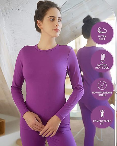 WEERTI Thermal Underwear for Women Long Johns Women with Fleece Lined, Base Layer Women Cold Weather Top Bottom（Purple M） at Amazon Women’s Clothing store Thermal Clothes, Thermal Clothing, Base Layer Women, Womens Thermal, Long Johns, Base Layer, Black Charcoal, Black And Navy, Cold Weather