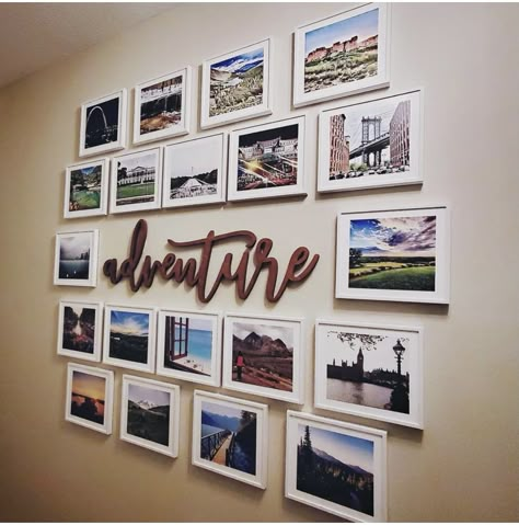 Wall Of Travel Pictures, Adventure Picture Wall, Display Vacation Photos Wall Art, Young Mans Bedroom Ideas, Travel Wall Ideas, Stair Wall Decor, Family Photos Wall Decor, Adventure Wall Decor, Travel Photo Wall