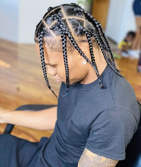 Cool Braid Hairstyles For Men, Men Braids Hairstyles Long Hair, Braids For Long Hair Men, Thick Braids Men, Men Single Braids Hairstyles, Men’s Plaits, Big Box Braids Men, Large Box Braids Men, Triangle Box Braids Men