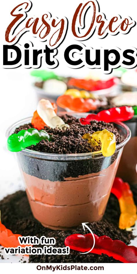 Easy Chocolate Dirt Pie Cups (With Variations!) - On My Kids Plate Dirt Pie Cups, Dirt In A Cup Recipe, How To Make Dirt Cups, Vbs Meals, Dirt Cups For Kids, Dirt Cups Easter, Oreo Dirt Cups Recipe, Dirt Pie Recipe, Pudding Dirt Cups