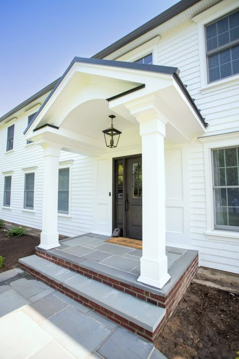 Porches, Porticos & Decking - Majestic Exteriors Colonial Portico Entrance, Portico Entry Colonial, Colonial Front Porch Ideas, Cedar Impressions Siding, Foyer Addition, Home With Black Accents, Portico Ideas, Portico Entry, Vinyl Siding House