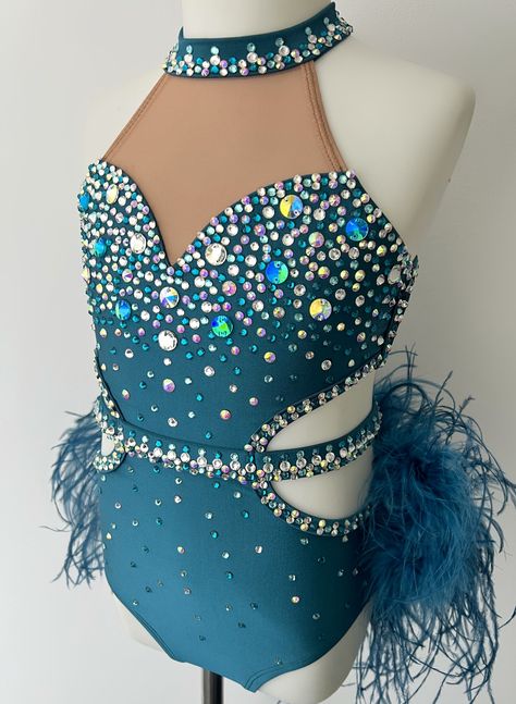 Feathered Dance Costumes, Stoning Ideas For Dance Costumes, Cute Jazz Costumes Dance, Leotard Stoning Ideas, Bedazzled Dance Costumes, Dance Costume Base, Blue Jazz Costume, Custom Jazz Costume, Sassy Jazz Dance Costumes Competition