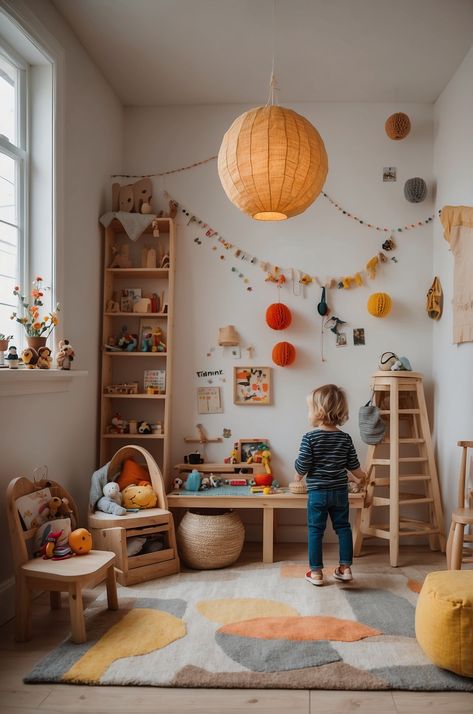 25 Creative Kids Play Corner Ideas for Your Living Room » Comfy Ideas Toy Corner Ideas, Small Basement Play Area, Montessori Corner Living Room, Kid Play Corner In Living Room, Kid Area In Living Room, Living Room With Kids Play Area, Living Room With Kids Toys, Mcm Playroom, Play Nook In Living Room