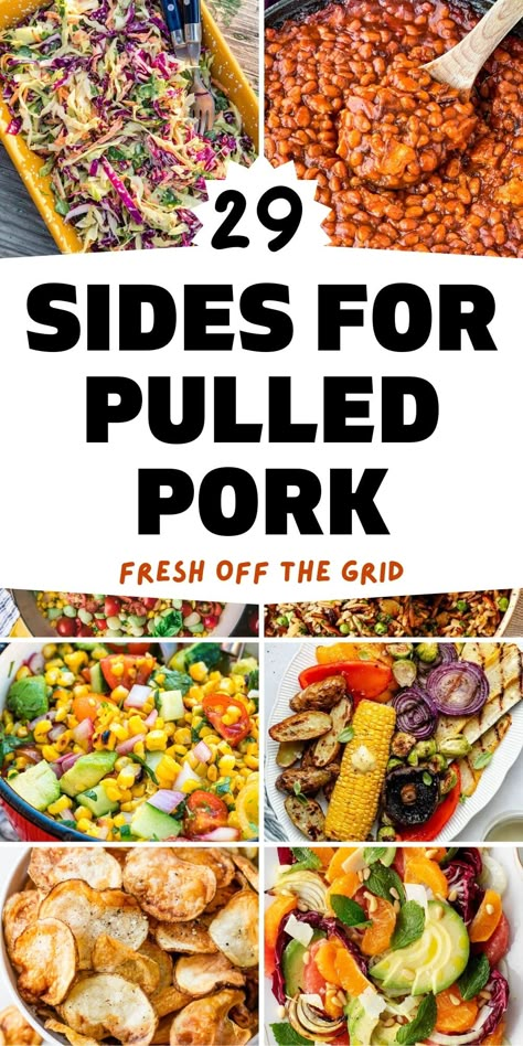 Tender and melt-in-your-mouth good, pulled pork can be served in a variety of ways–and it’s even better with these tasty sides for pulled pork! This huge, delicious list of side dishes for pulled pork includes everything from crisp salads to creamy coleslaw and from tender potatoes to baked beans–and everything in between! These are the very best sides for pulled pork to make a delicious, well-rounded meal. Best Sides With Pulled Pork, Pull Pork Sides, Pulled Pork Taco Sides, Pulled Pork Serving Ideas, Pulled Pork For A Crowd Parties, What To Serve With Bbq Pulled Pork, What To Eat With Pulled Pork Sandwiches, Best Side Dishes For Pulled Pork, Sides To Go With Bbq Pork