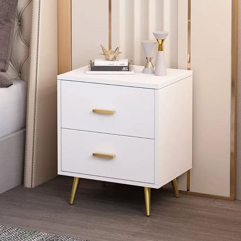 Modern Bedroom Collocation | Homary Reka Bentuk Bilik Tidur, Bedroom Inspirations Minimalist, Hiasan Bilik Tidur, White Bedside Table, Прикроватные Тумбочки, Wood Bedside Table, Gold Bedroom, White Nightstand, Modern Nightstand