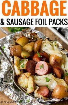 Cabbage and Sausage Foil Packs contain tender potatoes, smoky sausage, onion and sweet cabbage seasoned with garlic butter and all cooked in a tidy little packet on the grill! Kielbasa Foil Packets Oven, Cabbage Foil Packets For The Oven, Sausage Foil Packs, Sweet Cabbage, Classic Coleslaw Recipe, Potato Cabbage, Foil Packet Recipes, Foil Meals, Hobo Dinners