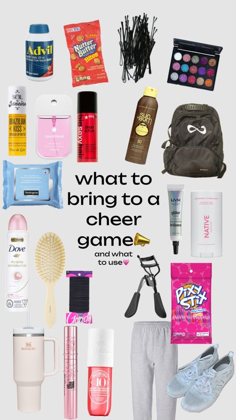 #cheer #game #preppy #inspo Cheer Bags Ideas Backpacks, Game Day Packing List Cheer, Stuff To Put In Your Cheer Bag, Cheer Equipment For Home, Cheer Game Day Checklist, Cheerleader Must Haves, What To Pack In My Cheer Bag, What To Put In Ur Cheer Bag, What To Pack For Cheer Competition