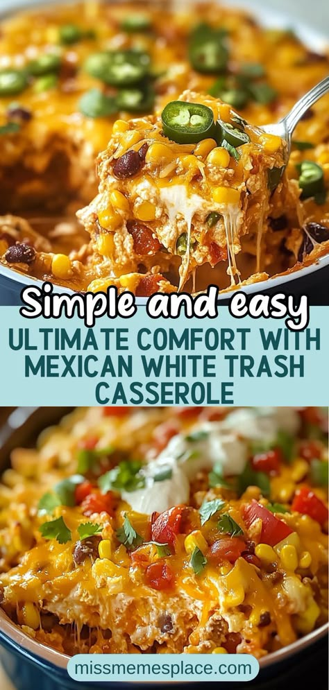 Dive into the world of comfort food with this easy Mexican White Trash Casserole. Perfect for busy weeknights, this dish combines creamy cheese, seasoned ground beef, and crunchy tortilla chips in a delightful Tex-Mex twist. With just a few pantry staples, you can create a family favorite that’s rich in flavor and texture. Customize it with your preferred veggies or beans for added nutrition. Bake it, serve it up, and watch as everyone digs in for seconds! Mexican Casserole With Cream Of Mushroom, Tex Mex Beef And Rice Casserole, Baked Mexican Casserole, Vegetable Side Dishes For Mexican Food, Gameday Casseroles, Large Family Casserole Recipes, Mexican Taco Bake Casserole, Mexican Casserole With Ranch Style Beans, Cheesy Taco Rice Casserole