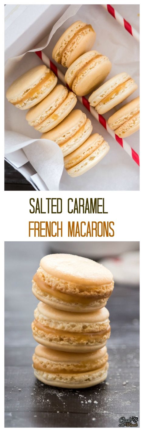 Salted Caramel Macarons - classic french cookies with a salty caramel center! #macarons #cookies #dessert Salted Caramel Macarons, Caramel Macarons, Salted Caramels, Salty Caramel, French Cookies, Oreo Fudge, French Macaroons, Recipes Cookies, Macaroon Recipes