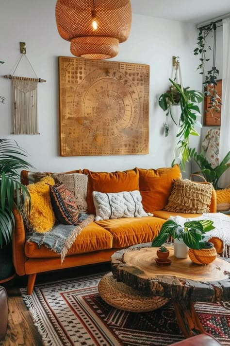 Love the vintage touchInject personality into your living room with these boho decor ideas featuring timeless vintage findsClick for more ideas！ Simple Boho Decor Living Room, Yellow Bohemian Living Room, Boho Living Room Decor Bright Colors, Orange Couch Decor, Colorful Vintage Living Room, Yellow Aesthetic Home, Living Room Color Palette Ideas, Boho Vintage Living Room, Yellow Couch Living Room