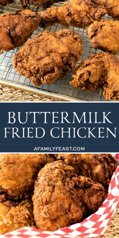 Buttermilk Fried Chicken - Crispy,  crunchy and perfectly seasoned on the outside, juicy and tender on the inside!   #chicken #chickenrecipes #friedchicken Cast Iron Fried Chicken, Chicken Breading, Recipe For Kentucky Fried Chicken, Buttermilk Fried Chicken Recipe, Southern Fried Chicken Recipe, Best Fried Chicken Recipe, Fried Chicken Recipe Southern, Chicken Crispy, Buttermilk Fried Chicken