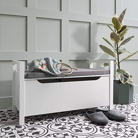 Noa and Nani - Olsen Storage Bench - (White): Amazon.co.uk: Kitchen & Home White Hallway, Shoe Storage Unit, Bench With Cushion, Storage Bench With Cushion, Grey Cushion, Single Mattress, Hallway Furniture, Bench With Shoe Storage, Grey Cushions