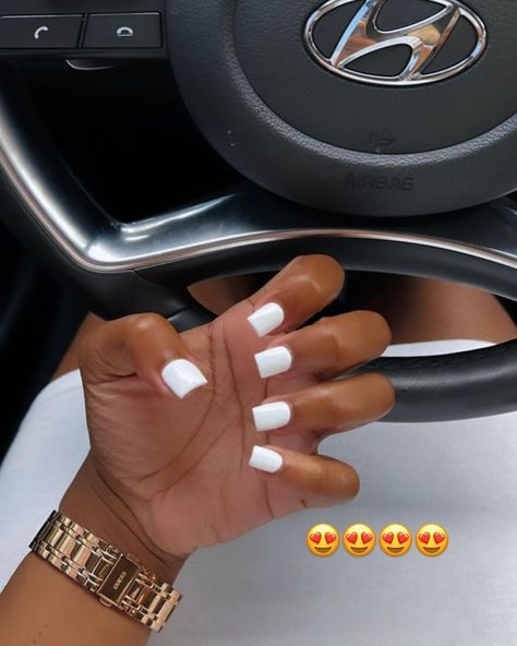 Short White Powder Nails, White Nails With Valentine Design, Pretty Nails White French Tips, Overlay White Nails, Short Nails White Acrylic, Cute Square Nails Design, 2 Short Nails 3 Long, Short All White Nails, White Nails On Natural Nails