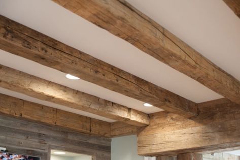 Wood Beams With Crown Molding, Hand Hewn Beams Ideas, Beam Decoration Ideas, Faux Beams Low Ceiling, Beams Ceiling, Character Help, Rustic Beams, Exposed Beams Ceiling, Hemingway House