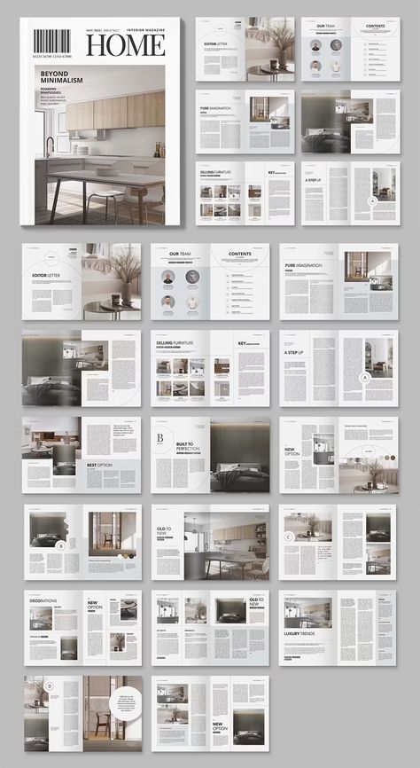 Interior Design Magazine Template InDesign INDD Indesign Layout Interior Design, Simple Magazine Layout Design, Magazine Lay Out Design, Magazine Cover Interior Design, House Magazine Layout, Indesign Templates Architecture, Home Decor Magazine Layout, Magazine Layout Design Architecture, Home Magazine Design