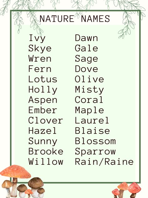 Nature Names Aesthetic, Nature Names With Meaning, Interesting Last Names, Writing Name Ideas, Nature Nicknames, Forest Names Nature, Nature Related Names, Cottagecore Name Ideas, Nature Name Ideas