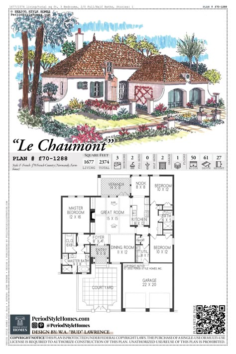 A predesigned house plan with a color 3D rendering of the front elevation. The floor plan is shown with all of the stats and features of the plan. A QR code links to the webpage where the plan can be purchased. Greece House Plans, French Colonial Cottage, Greek Cottage House, French Country House Layout, French Cottage Plans, French House Layout, French Cottage Floor Plans, Mediterranean Home Floor Plans, Country Home Layout