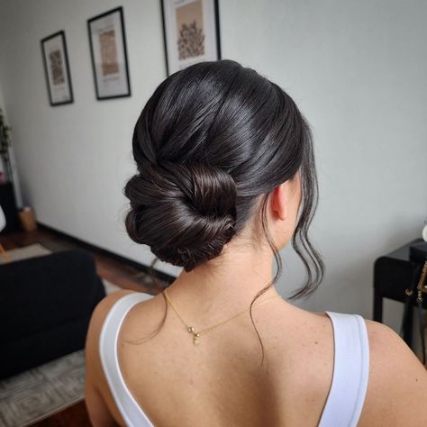 RI & MA Hair & Makeup Artist | Miranda Berube | That clean texture thoooooo. ✨ These types of low bun styles are so popular - and for a good reason! 💗 Classic, elegant, and timeless.… | Instagram Low Bun Twist Wedding Hair, Low Bun Wedding Bridesmaid, Low Bun Wedding Hair Black Hair, Bride Updo Hairstyles Brown Hair, Classic Bride Updo, Bridal Low Bun Natural Hair, Sleek Low Bun With Front Pieces, Elegant Buns For Medium Hair, Hair Do For Bridesmaid