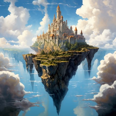 An introduction to the world of Floating Islands Floating Island Fantasy Art, Floating Land Drawing, Floating Island Landscape, Sky Islands Fantasy Art, Floating City Fantasy Art, Fantasy Floating City, Fantasy Island Art, Floating Island Illustration, Fantasy Floating Islands