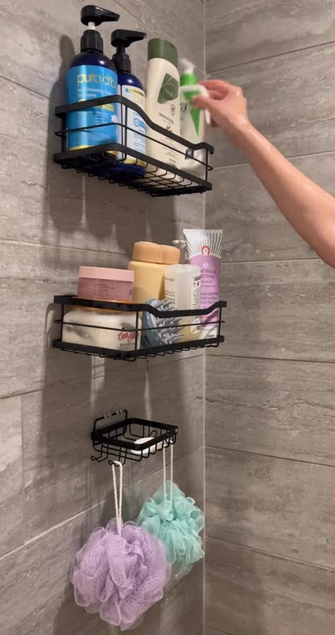 Adhesive Bathroom Shelf, Shower Organizer Aesthetic, Bathroom Rack Organization, Bathroom Rack Ideas, Aesthetic Bathroom Organization, Shower Organization Aesthetic, Basket Shelf, Bathroom Caddy, Bathroom Decor Themes