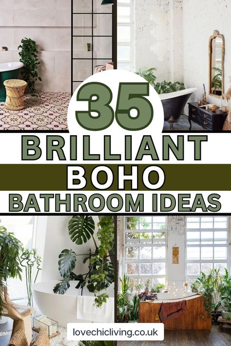 Step into a world of eclectic charm with our Boho Bathroom decor ideas. This guide shows you how to create a whimsical retreat, even in small spaces. Discover how to mix textures, patterns, and color schemes for a truly bohemian vibe. Learn to balance bold paint choices with natural elements for a harmonious look. Perfect for those seeking a unique, free-spirited bathroom design. Click to explore and bring your boho bathroom dreams to life. Shower Boho Bathroom, Apothecary Bathroom Decor Ideas, Bathroom Art Boho, Boho Tiny Bathroom, Natural Look Bathroom Ideas, Succulent Bathroom Decor Ideas, Modern Natural Bathroom Design, Boho Bathroom Color Palette, Botanical Bathroom Decor