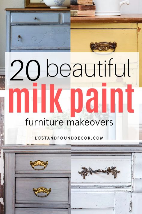 Milk paint is the best paint to use when I want to get the “chippy look” on a piece of painted furniture. It’s also an eco-friendly and affordable option for your painted furniture projects, even if you don’t want a chippy finish. I love it specifically for painting old wood furniture and raw wood surfaces. Milk paint colors also have a depth and character to them that you don’t get from a liquid, pre-mixed paint. Here are 20 great before and after furniture makeovers with milk paint! Milk Paint Dresser Ideas, Milk Paint Vs Chalk Paint Furniture, General Finishes Milk Paint Furniture, How To Paint Furniture Farmhouse Style, How To Use Milk Paint, Milk Painted Furniture, Before And After Painted Furniture, How To Paint Old Wood Furniture, Painted Old Furniture