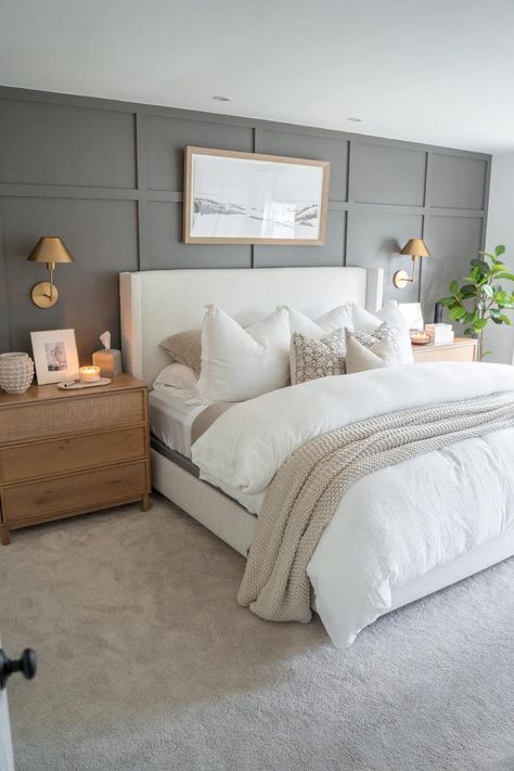 White Bed, Accent Wall Bedroom, Bedroom Renovation, Bedroom Panel, Bedroom Refresh, Master Bedrooms Decor, Remodel Bedroom, Guest Bedrooms, Guest Bedroom