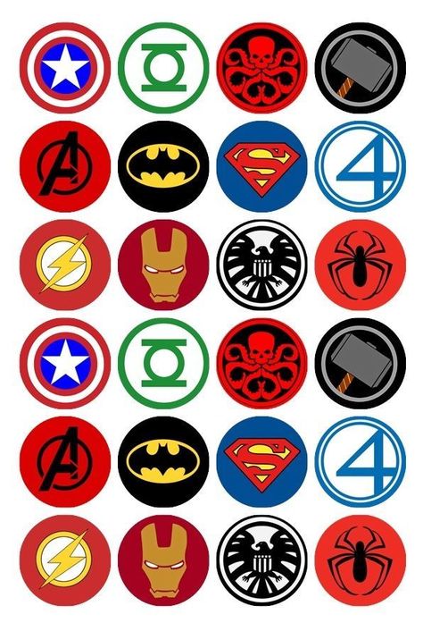 24 x Superhelden Logos essbare Cupcake Topper vorgeschnitten superhero ...