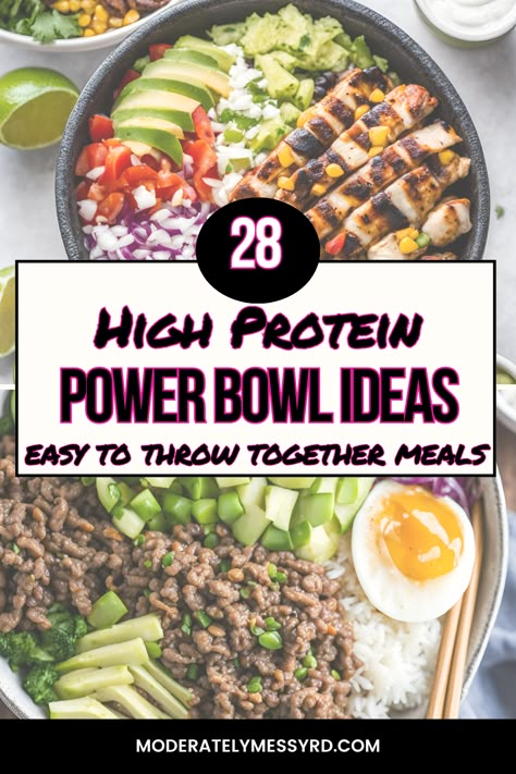 Learning the art of throwing together an easy power bowl that prioritizes protein can be a game-changer for busy nights! This post discusses how to do just that with 28 high protein bowl ideas that can be easily customized to your own preferences and lifestyle. Pair with ancient grains instead of rice and it's an easy way to increase overall fiber intake as well! Protein High Lunch, Low Calorie Grain Bowls, Power Grain Bowls, Simple Power Bowls, Power Salad Bowl, Burrito Bowl No Meat, Easy Power Bowls Meal Prep, Protein Bowls Healthy, Macro Rice Bowl