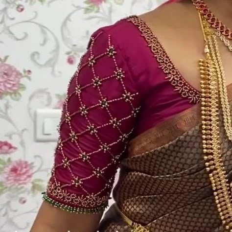 Maroon Color Blouse Aari Work, Double Colour Blouse Designs Latest, Maroon Maggam Work Blouse, Marriage Aari Work Blouse Design, Simple And Elegant Aari Work Blouse, Maroon Blouse Aari Work Designs, Maroon Blouse Designs Bridal, Aari Work Bridal Blouse Designs, Engagement Blouse Designs