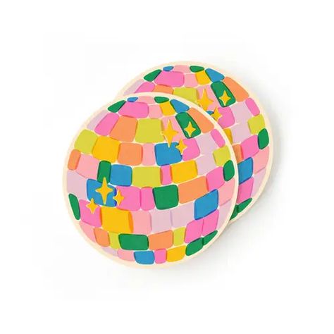 Purchase Wholesale disco ball. Free Returns & Net 60 Terms on Faire.com Air Dry Clay Coasters, Rainbow Disco Ball, Clay Coasters, Pottery Coasters, Diy Pottery Painting, Coaster Art, Cute Coasters, Clay Diy Projects, Diy Coasters